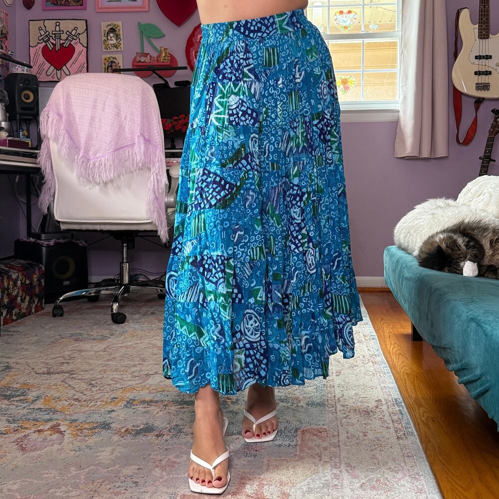 Vintage 90s / Y2K blue and white funky print boho maxi skirt